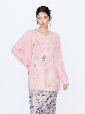 MUKZIN“The Sequence of Deer's Call”Pink/Green Halo Tie-Dye Distressed Decor Oversized Fuzzy Knit Sweater