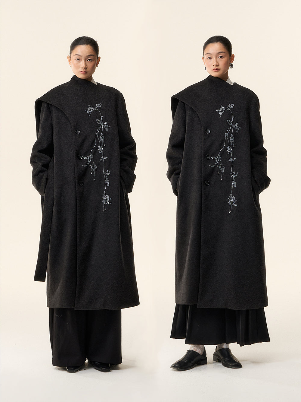 MUKTANK×LOUMUTAKU Scarf-Accented Beaded Embroidery Coat