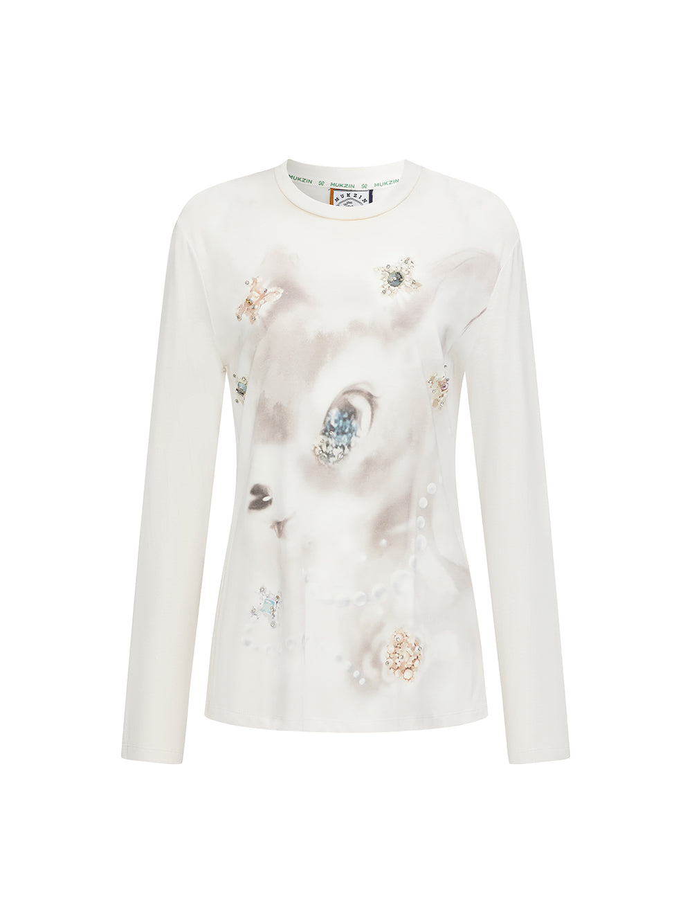 MUKZIN“The Sequence of Deer's Call”White Ink Painting Print Decor Oversized Long-Sleeve Top