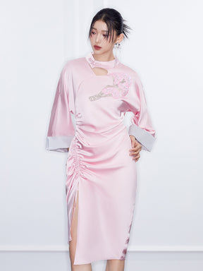 MUKZIN  SpringPrelude"Wind in the Pines" New Chinese-style Satin Cheongsam Skirt with Waist Gathers