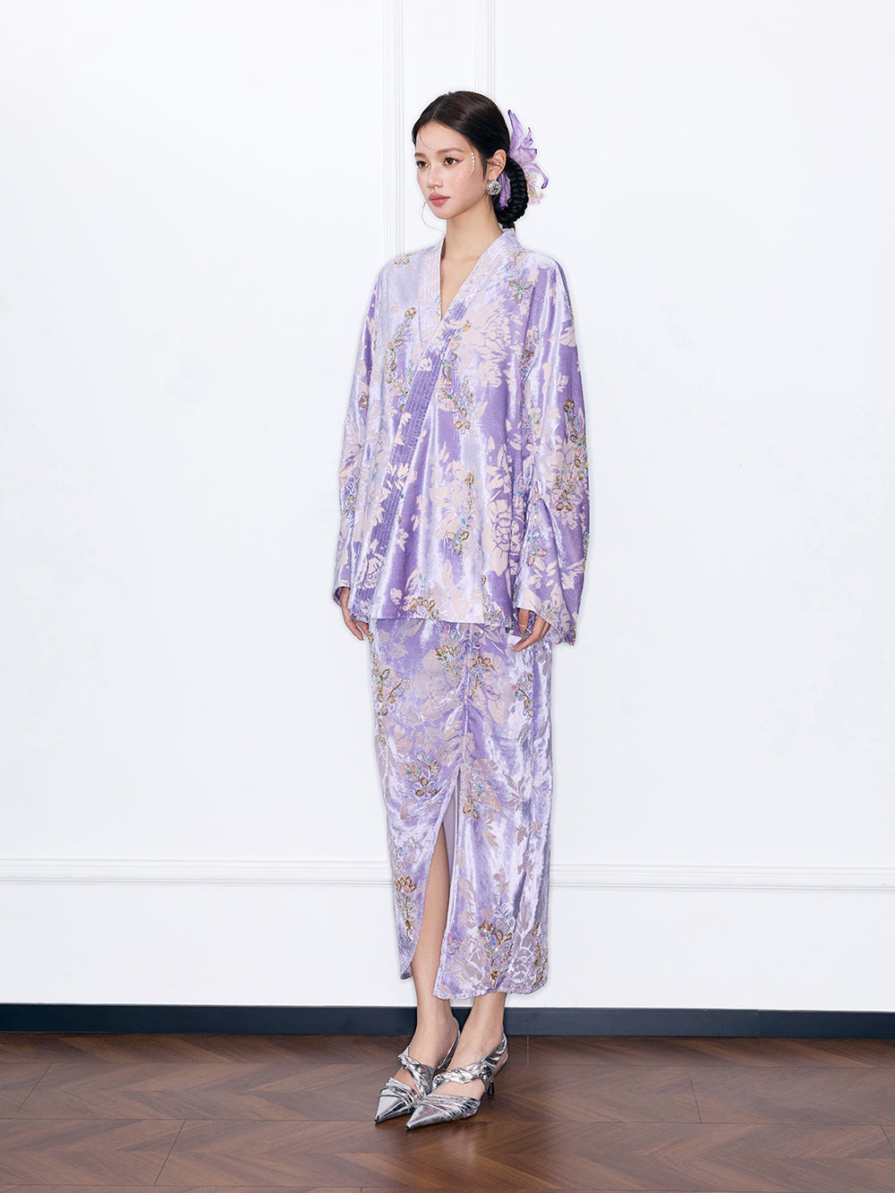 MUKZIN“Night Ballad of Chang'an”Velvet Jacquard Midi Skirt for Women - High Waist Slit Bodycon Maxi Skirt