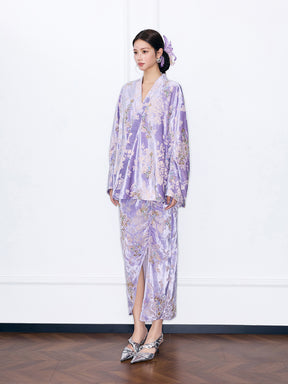 MUKZIN“Night Ballad of Chang'an”Velvet Jacquard Midi Skirt for Women - High Waist Slit Bodycon Maxi Skirt