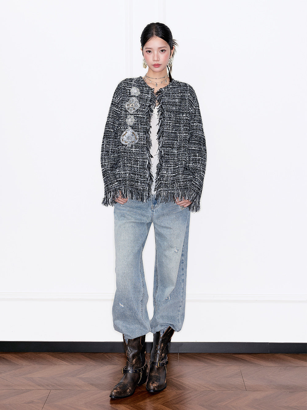 MUKZIN“Capsule Collection”Black & White Tweed Fringe Cardigan with Retro Diamond Embellishments (Chanel-Style Jacket)
