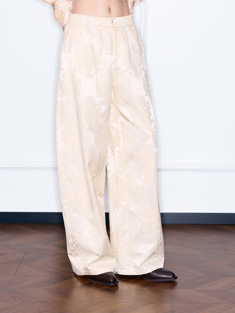 MUKZIN¡°Night Ballad of Chang'an¡±Beige Jacquard Wide-Leg Pants | Oriental Satin Balloon Trousers with Elastic Waist
