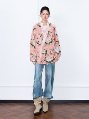 MUKZIN“The Sequence of Deer's Call”Pink Velvet Chinese-Style Floral Embroidery Loose Casual Outerwear