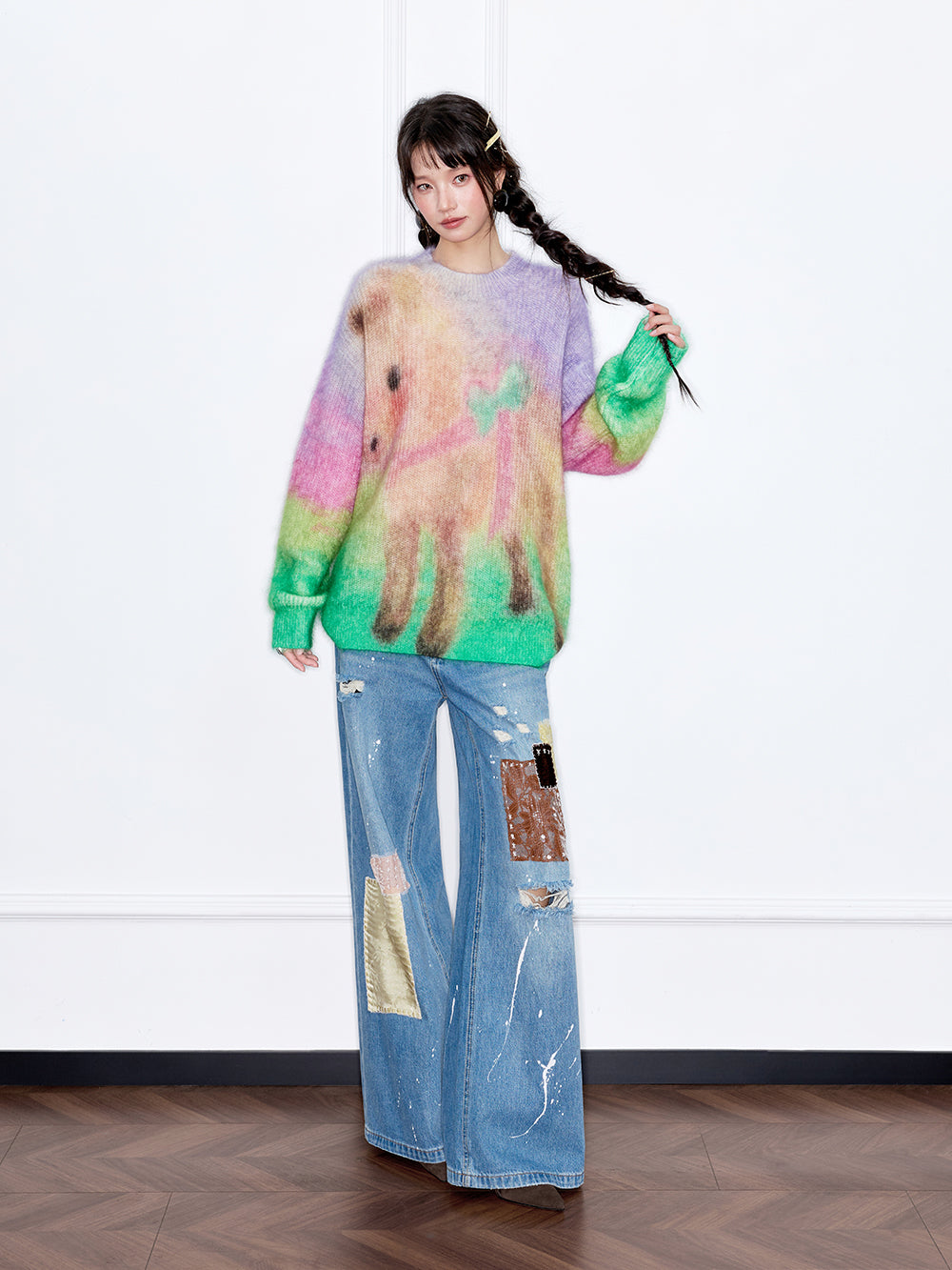 MUKZIN“The Sequence of Deer's Call”Rainbow Gradient Tie-Dye Pony Pattern Oversized Fuzzy Knit Sweater