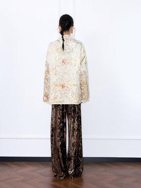 MUKZIN“The Sequence of Deer's Call”Gilt Texture Patchwork Sequin Decor Stand-Collar Coat