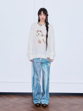 MUKZIN“The Sequence of Deer's Call”Cream White Contrast Trim Pony Decor Oversized Fuzzy Knit Sweater