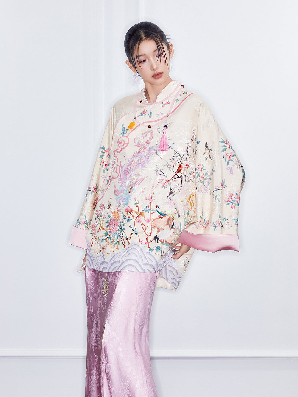 MUKZIN  Spring Prelude"Startling Swan Goose" Satin Printed Neo Chinese Style Cloak