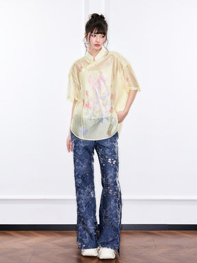 Mukzin "Ode To The New Summer"New Chinese-Style Shirt With Frog Buttons At The Collar And Printed Patterns