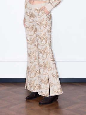 MUKZIN“Capsule Collection”Brown Floral Embroidered Wide-Leg Pants | Oriental Sequin Embellished High-Waist Trousers