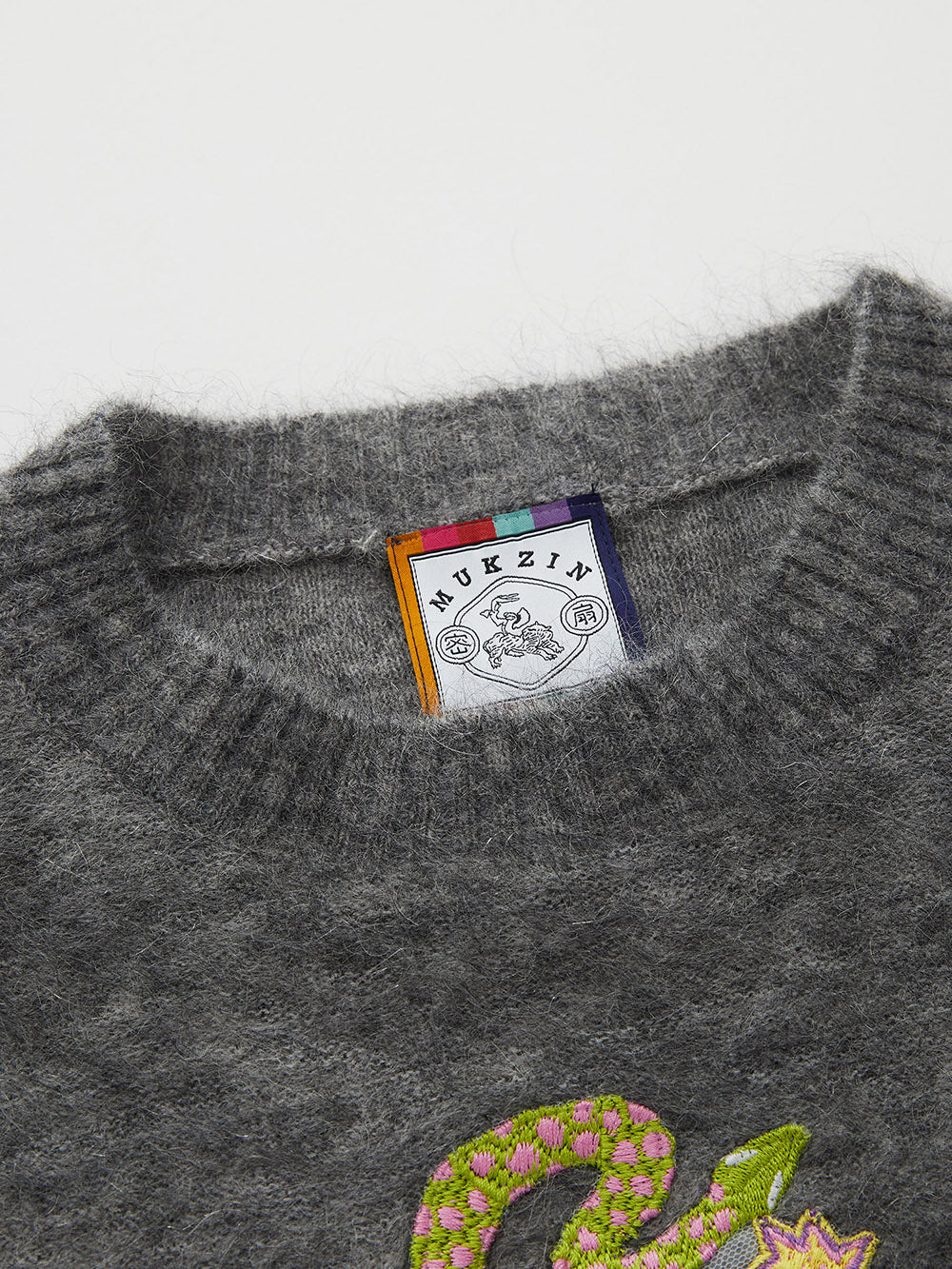 MUKZIN Linglong Long —Snake Embroidery Mohair Blend Sweater (White/Grey)