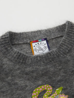 MUKZIN Linglong Long —Snake Embroidery Mohair Blend Sweater (White/Grey)