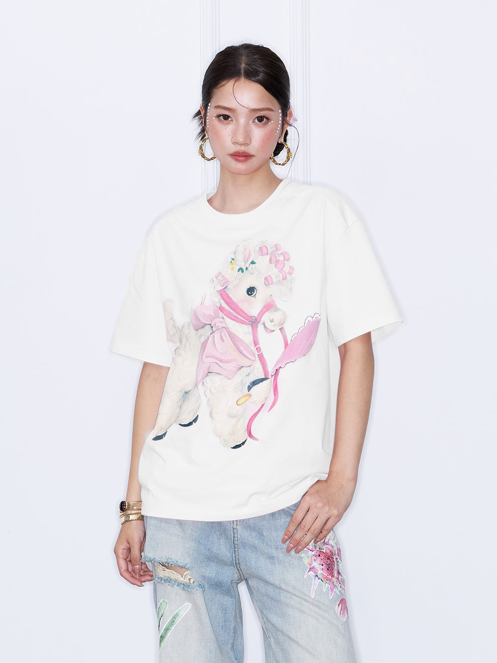 MUKZIN“Capsule Collection”Pink/White Cute Lamb Print Short Sleeve T-Shirt | Kawaii Cartoon Graphic Oversized Tee