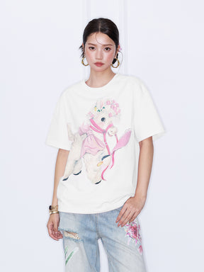MUKZIN“Capsule Collection”Pink/White Cute Lamb Print Short Sleeve T-Shirt | Kawaii Cartoon Graphic Oversized Tee