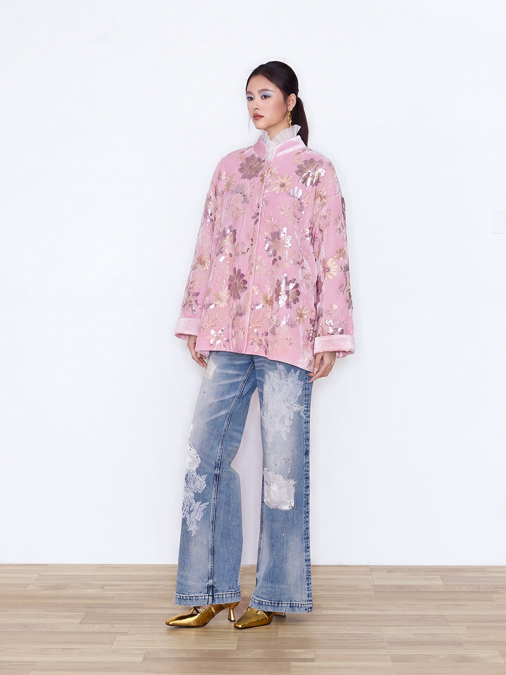 MUKZIN×Capsule Collection New Chinese-Style Pink Velvet Jacket with Floral Embroidery and Stand Collar