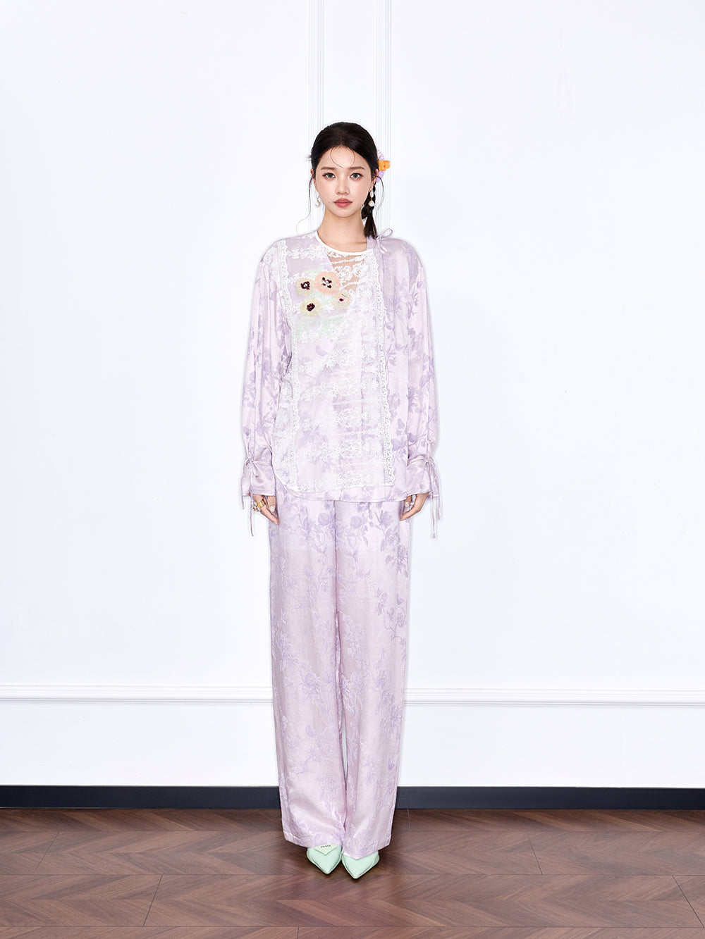MUKZIN Designer New Chinese Style Jacquard Lace Long Sleeve Mulberry Silk Suit Pants