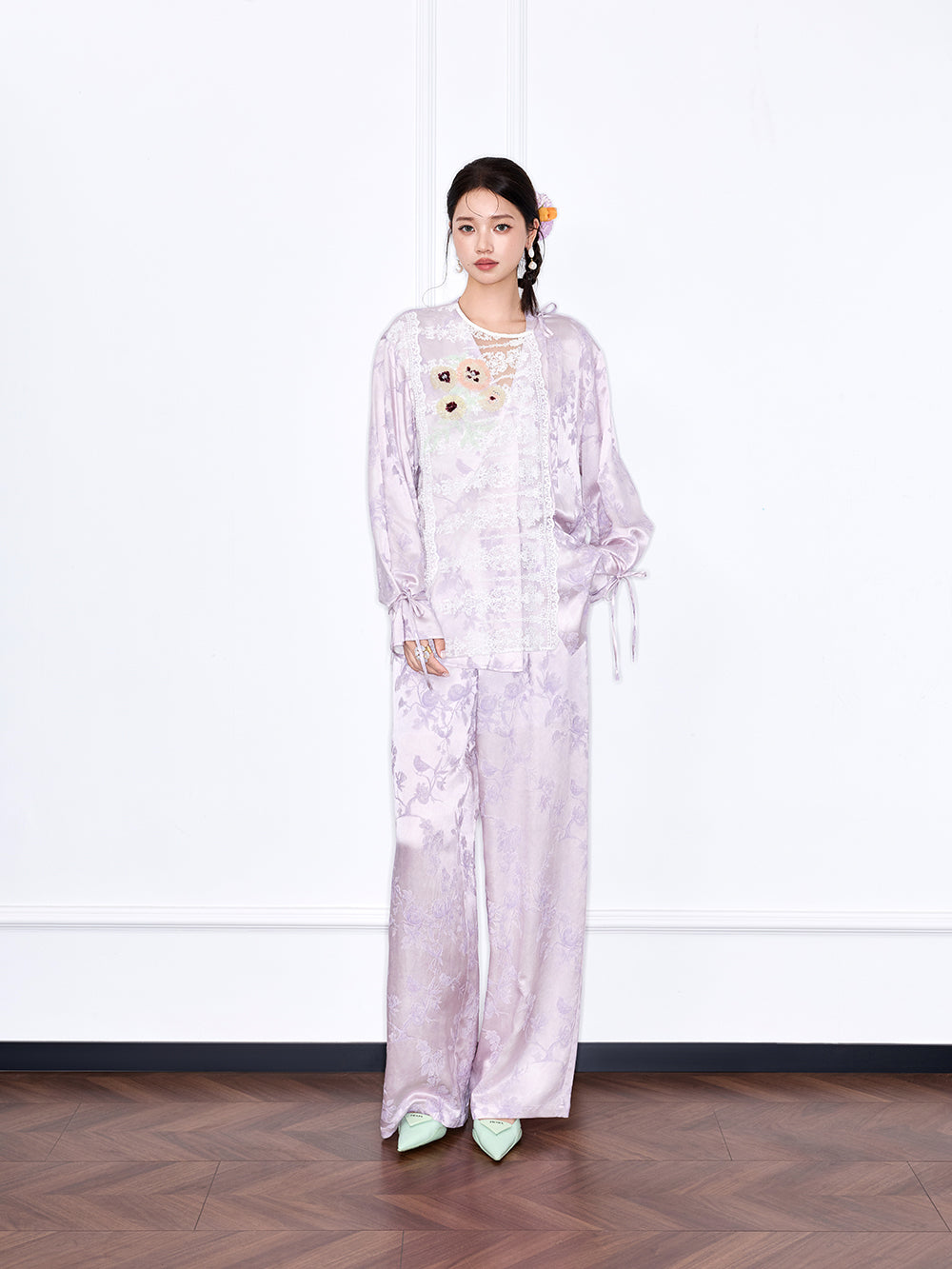 MUKZIN Designer New Chinese Style Jacquard Lace Long Sleeve Mulberry Silk Suit Pants
