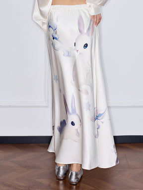 MUKZIN¡°Capsule Collection¡±Modern Chinese Style Jade Rabbit Print Drapey Midi Skirt