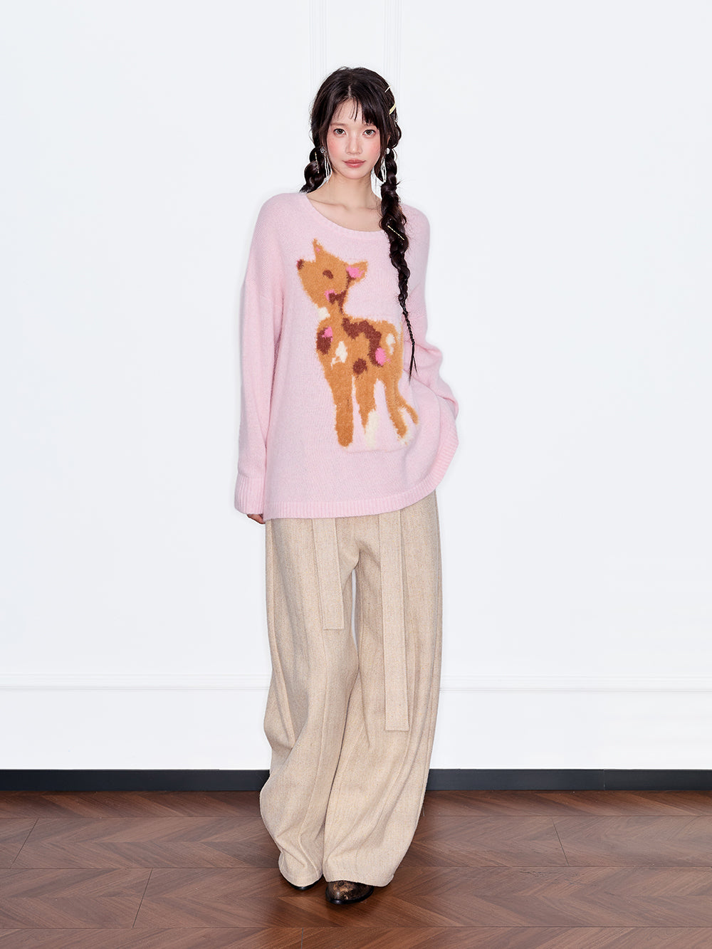 MUKZIN“The Sequence of Deer's Call”Light Blue/Soft Pink Deer Pattern Oversized Fuzzy Knit Sweater