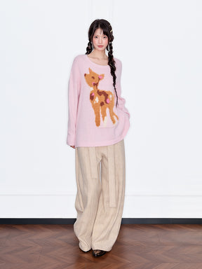 MUKZIN“The Sequence of Deer's Call”Light Blue/Soft Pink Deer Pattern Oversized Fuzzy Knit Sweater
