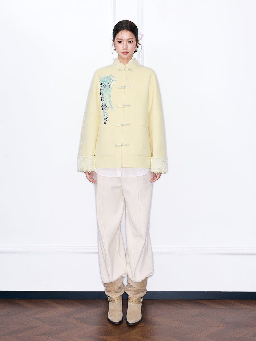 MUKZIN¡°Capsule Collection¡±Chinese Style Tang Suit Jacket, Embroidered Frog Button Wool Blend Coat for Women