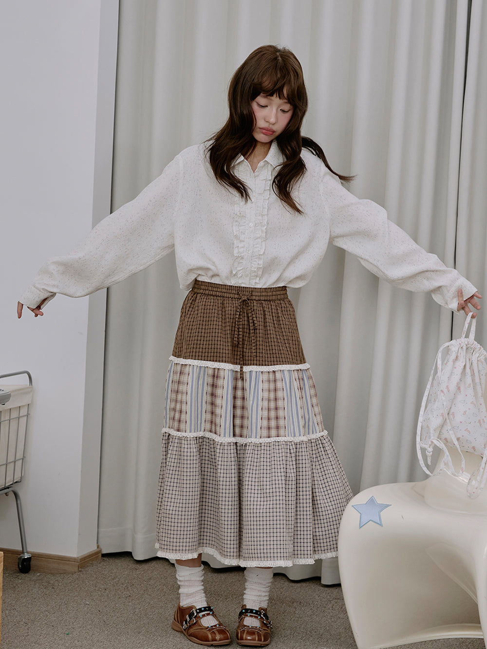 MUKTANK×LOUMUTAKU Three-Color Plaid Tiered Skirt