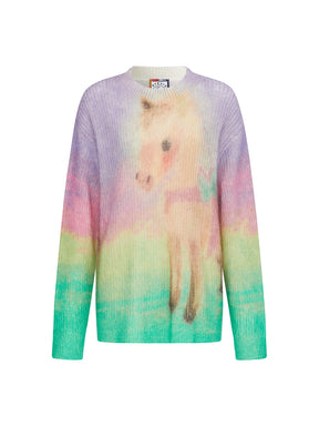 MUKZIN“The Sequence of Deer's Call”Rainbow Gradient Tie-Dye Pony Pattern Oversized Fuzzy Knit Sweater
