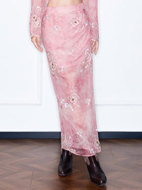 MUKZIN¡°Night Ballad of Chang'an¡±Pink Embroidered Sheer Maxi Skirt with Slit