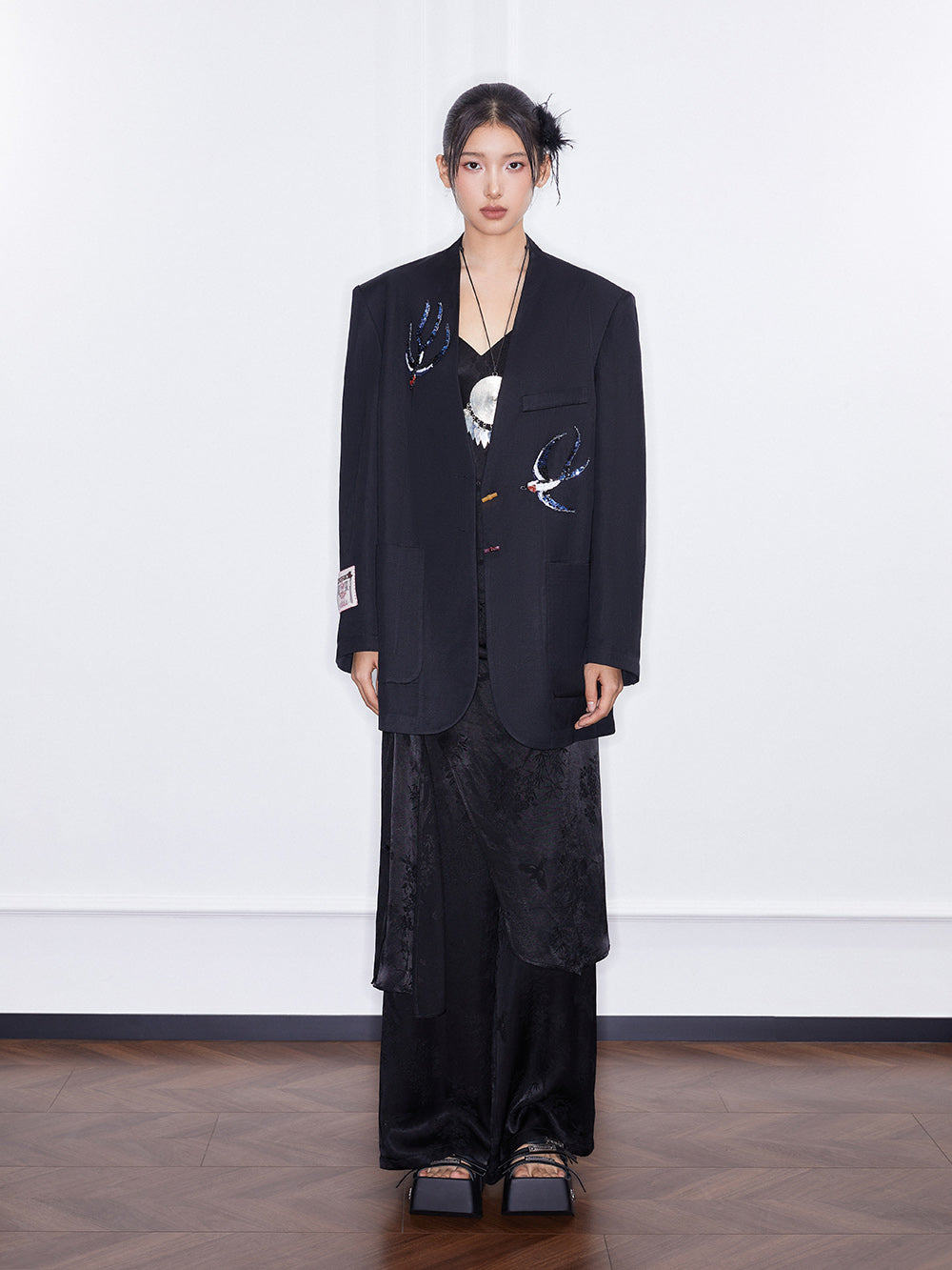 MUKZIN  SpringPrelude "Peacock Feather" New Chinese Style Fake Two-piece Wide Leg Trousers Spring Summer