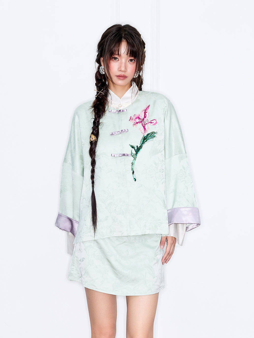 MUKZIN“Capsule Collection”Light Green Jacquard Frog Button Jacket with 3D Floral Sequin Embroidery, Loose Short Style