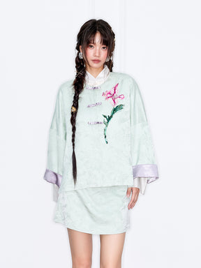 MUKZIN“Capsule Collection”Light Green Jacquard Frog Button Jacket with 3D Floral Sequin Embroidery, Loose Short Style