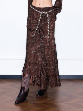 MUKZIN“Capsule Collection”Sheer Embroidered Brown Maxi Skirt | High Waist Boho Slit Skirt