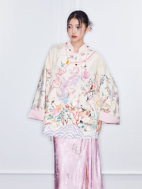 MUKZIN  Spring Prelude"Startling Swan Goose" Satin Printed Neo Chinese Style Cloak