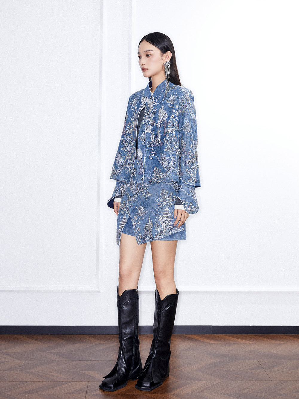 MUKZIN Linglong“Denim Series”Small A-Line Heavy Sequin Embroidered Denim Jacket