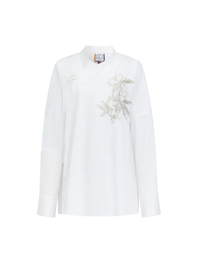 MUKZIN“Realm of Ethereal Mist”White Chinese - style Oblique - front Shirt with Sequin Floral Decoration