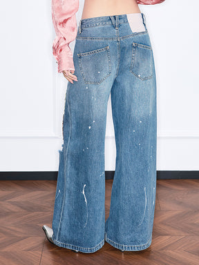 MUKZIN“Realm of Ethereal Mist”Vintage Blue Distressed Wide - Leg Jeans with Patchwork & Paint Splatter
