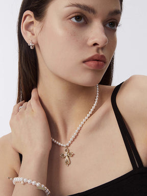 MUKTANK×SUN HUNTER Small lace cross pearl chain