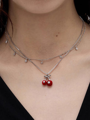 MUKTANK×SUN HUNTER Double-layered Necklace with Velvet Cherries and Five-pointed Stars