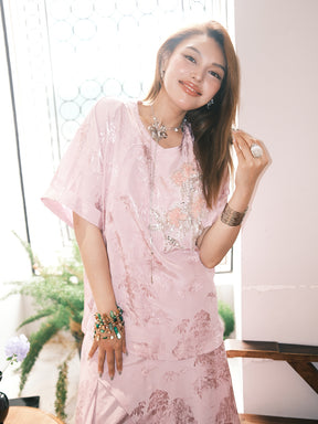 MUKZIN“Capsule Collection”Women's Pink Jacquard Sequin Floral Embroidered Loose Short - Sleeve Top