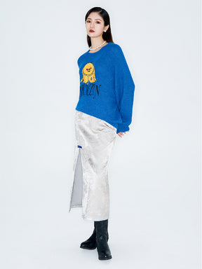 MUKZIN Linglong "Time Machine" Silhouette Crew Neck Cartoon Knit Blue Sweater