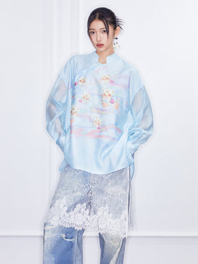 MUKZIN  SpringPrelude "Fortunate Tiger Soaring through Clouds" Loose Stand - collar Translucent Chinese - style Shirt