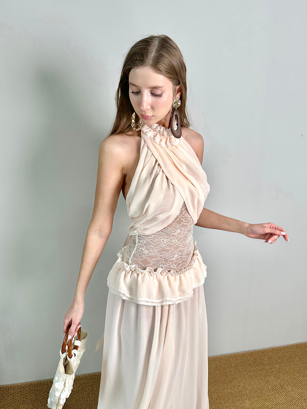 MUKTANK×Jqwention Vintage French Halter Ruffle Slim Two Piece Top
