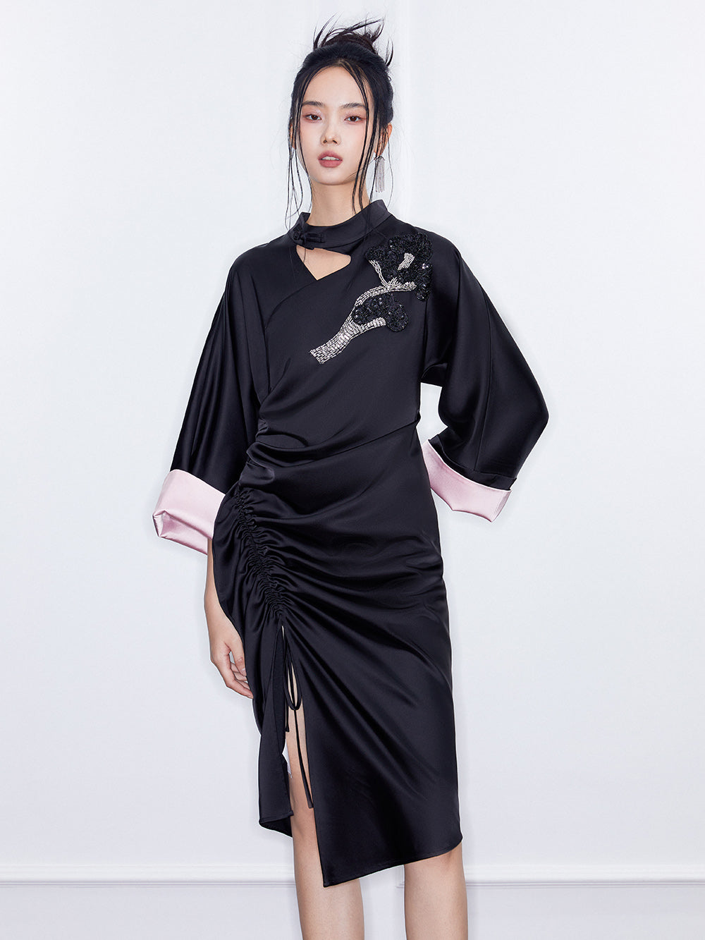 MUKZIN SpringPrelude“Wind in the Pines” New Chinese-style Satin Cheongsam Skirt with Waist Gathers