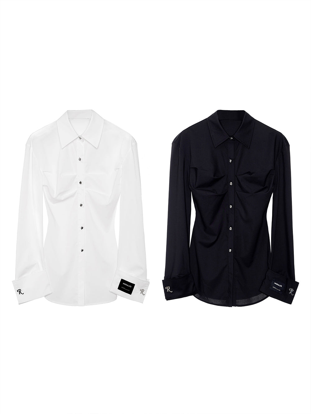 MUKTANK×MODULER Waist-Cinching Slim-Fit Turn-Down Sleeve Shirt in Black and White.