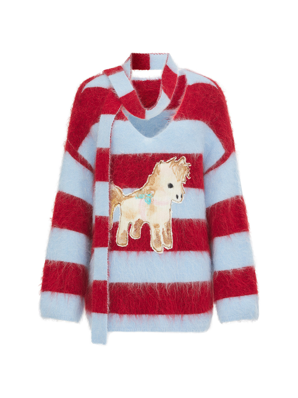 MUKZIN“The Sequence of Deer's Call”Red & Blue Striped Turtleneck Scarf Neck Pony Decor Sweet Cool Oversized Knit Sweater