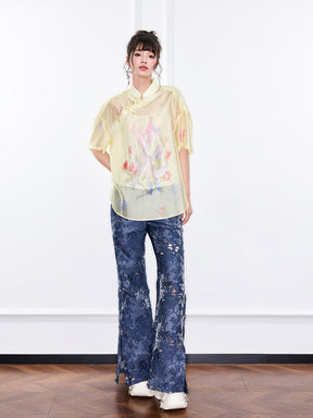 Mukzin "Ode To The New Summer"New Chinese-Style Shirt With Frog Buttons At The Collar And Printed Patterns