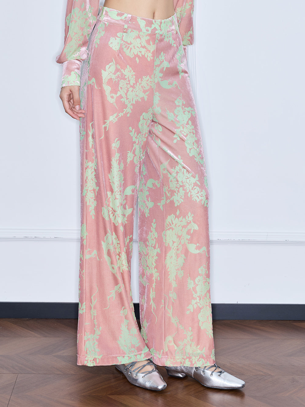 MUKZIN“Capsule Collection”Pink Velvet Chinese-Style Printed Wide-Leg Pants