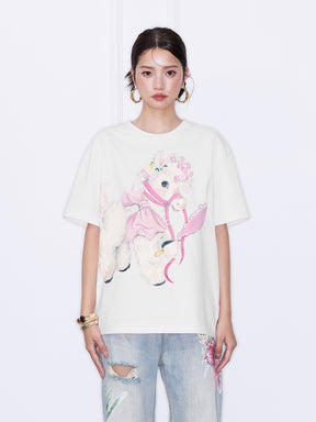 MUKZIN“Capsule Collection”Pink/White Cute Lamb Print Short Sleeve T-Shirt | Kawaii Cartoon Graphic Oversized Tee