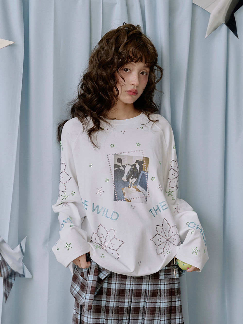 MUKTANK×LOUMUTAKU Cattle and Horse Printed Rhinestone Long-Sleeve T-Shirt